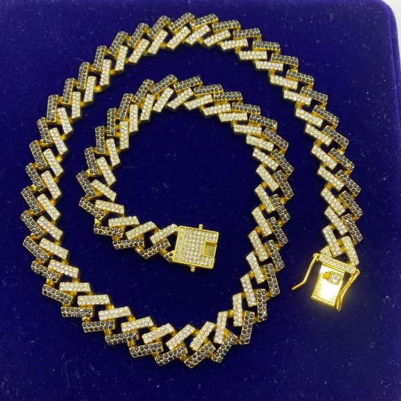 18K Gold Plated Iced Out Cuban Link Necklace Bracelet SET